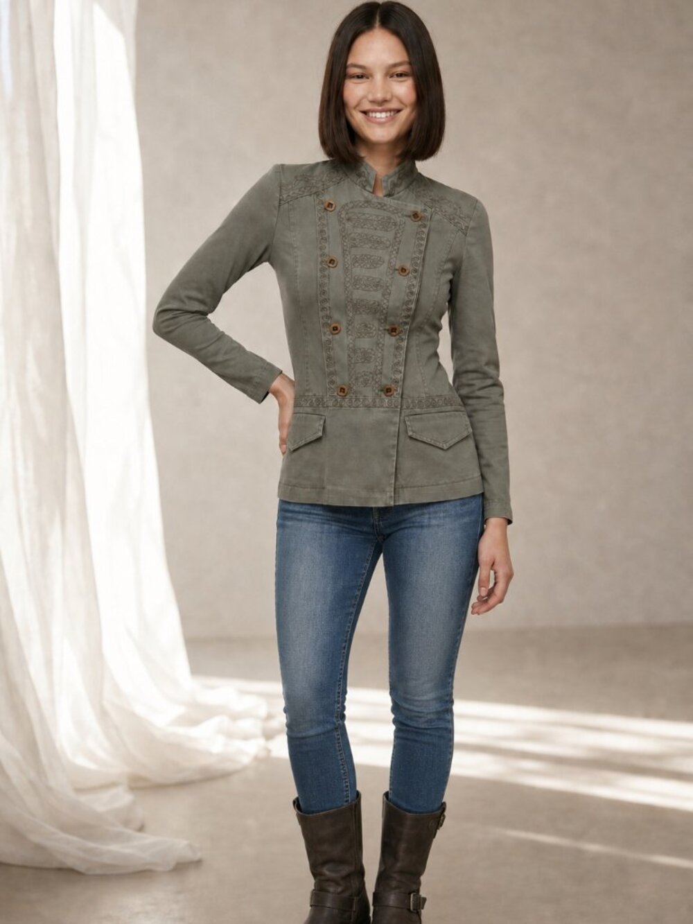 Women Ruff Hewn military style cotton embroidered jacket green - Size S in EUC